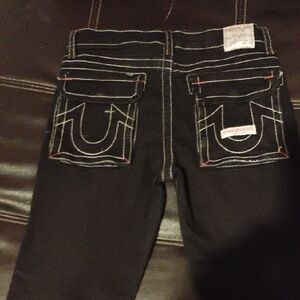True Religion Black Denim Jeans with White Topstitching and Red Accents